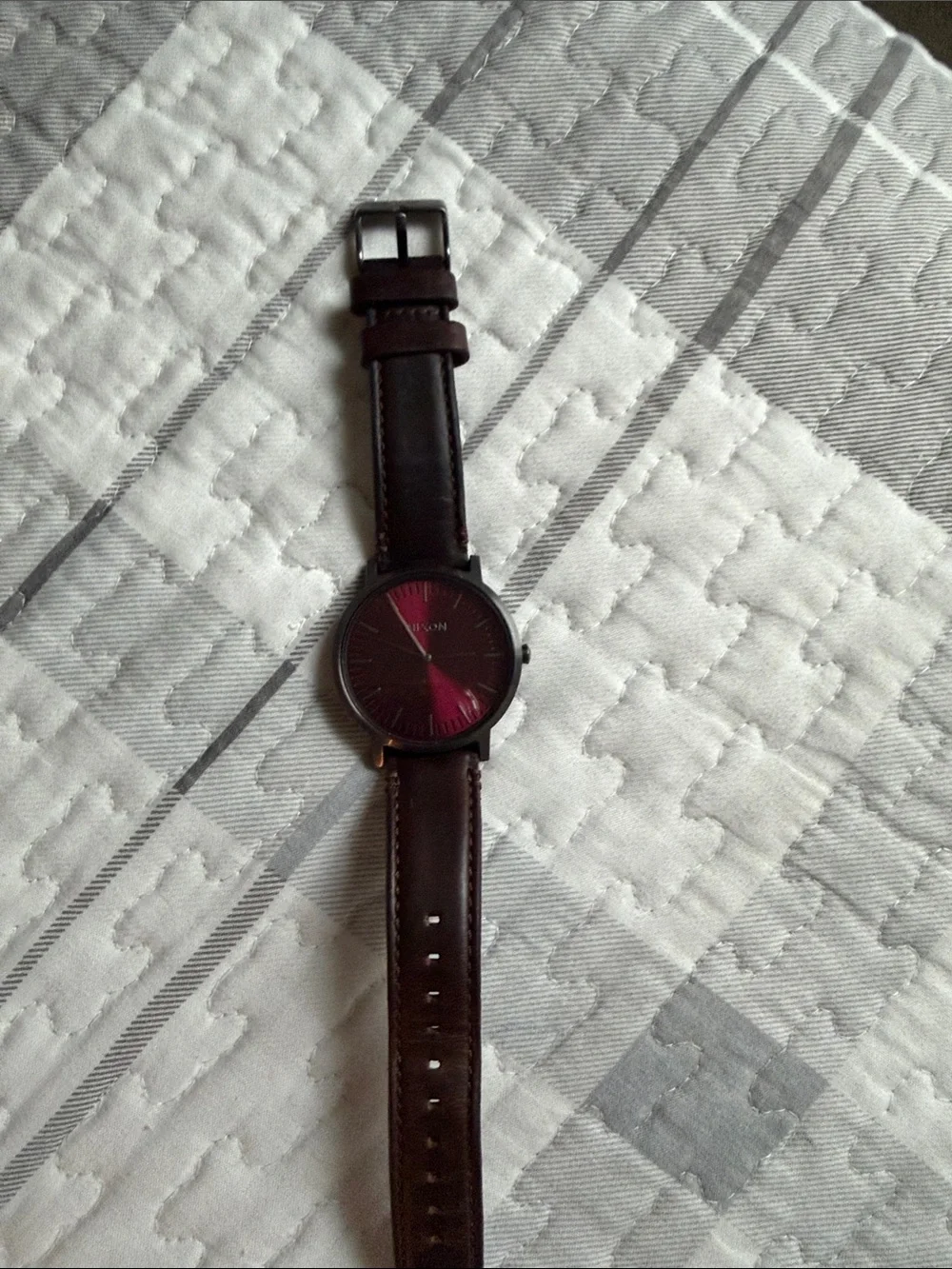 Nixon Red Sunburst Dial Watch with Brown Leather Band - Picture 2 of 11